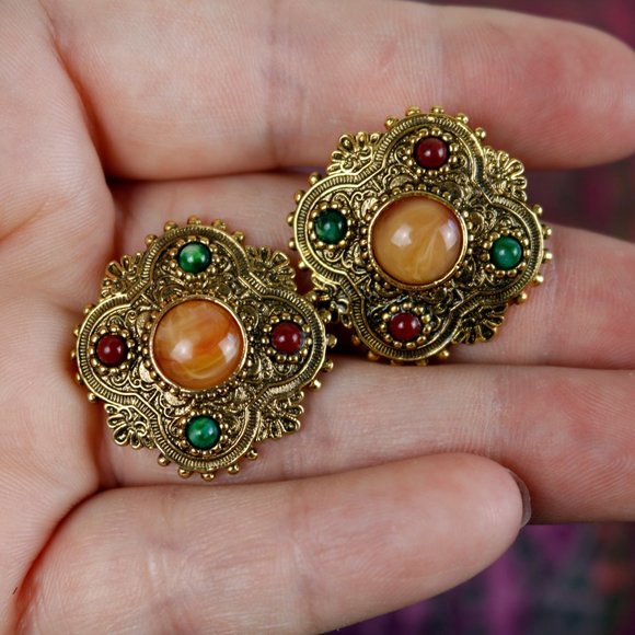Vintage Semi-Precious Multi-Stone Costume Earrings - Picture 2 of 5